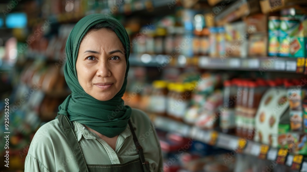 A woman in a green headscarf smiles warmly while standing in her grocery store surrounded by shelves packed with diverse products A woman in a green headscarf smiles warmly while standing in her grocery store surrounded by shelves packed with diverse products