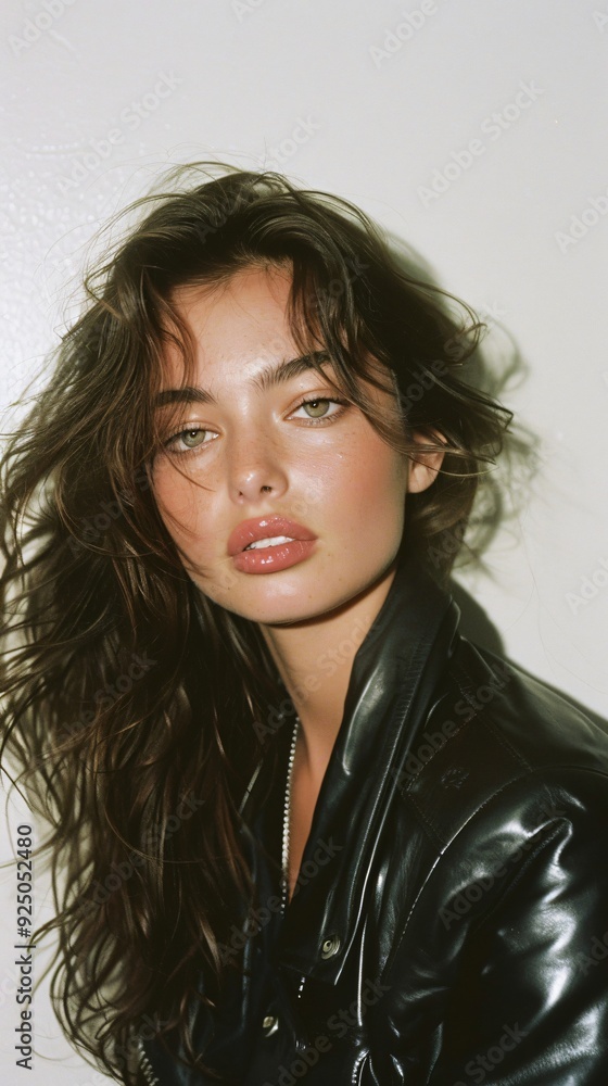 The young woman poses confidently, exhibiting a natural look with tousled hair and subtle makeup while wearing a leather jacket The young woman poses confidently, exhibiting a natural look with tousled hair and subtle makeup while wearing a leather jacket