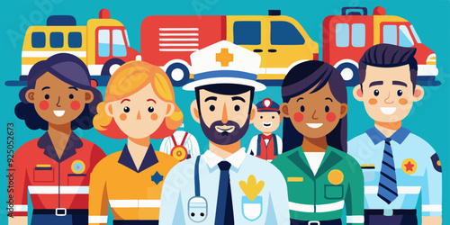Emergency workers. Men and women firefighters, police officers and ambulance paramedics. Vector illustration

