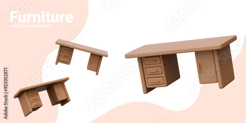 Wooden desk with drawers. Vector realistic model in different positions