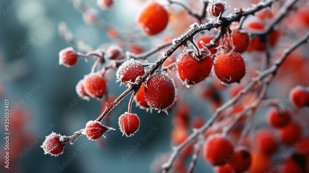 Berries covered with a layer of frost, indicating very cold weather. The contrast between the vibrant red berries and the surrounding icy environment. Berries covered with a layer of frost, indicating very cold weather. The contrast between the vibrant red berries and the surrounding icy environment.