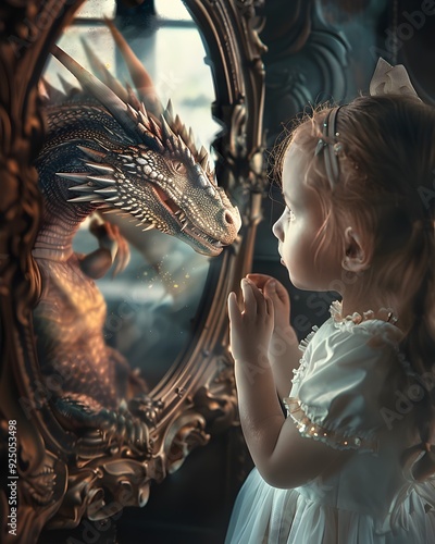 Captivating Encounter A Child s Magical Gaze Meets a Mystical Dragon in the Mirror photo