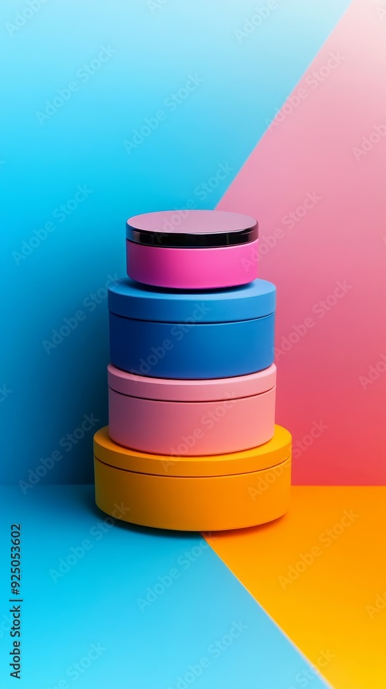 A stack of four containers, each in a different color, are arranged on a blue A stack of four containers, each in a different color, are arranged on a blue