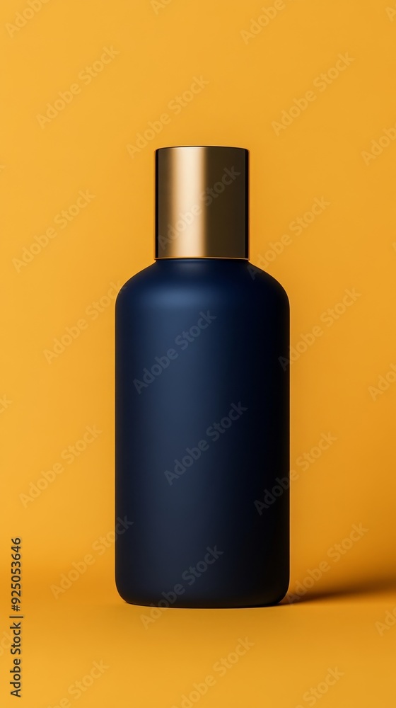 A blue bottle with a gold top sits on a yellow background A blue bottle with a gold top sits on a yellow background
