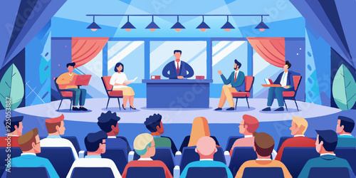 Conference or forum. Panelists on stage discuss the topic of the meeting in a large conference room. An event with speakers experts.
