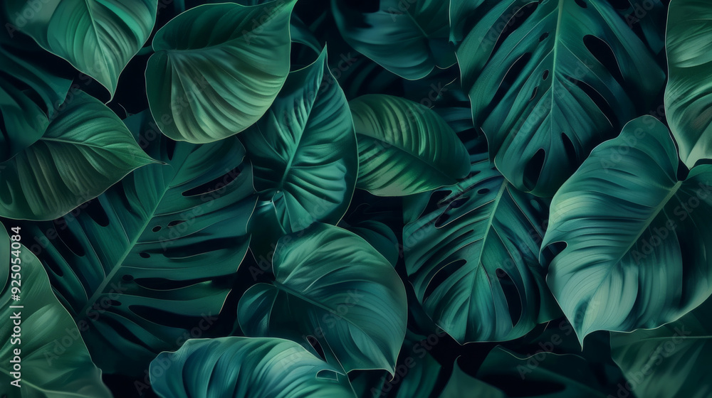 Green tropical palm leaves, dark green foliage, realistic nature background Green tropical palm leaves, dark green foliage, realistic nature background
