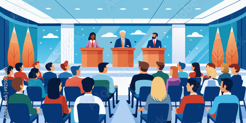 Conference or forum. Panelists on stage discuss the topic of the meeting in a large conference room. An event with speakers experts.
