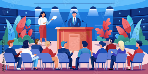 Conference or forum. Panelists on stage discuss the topic of the meeting in a large conference room. An event with speakers experts.
