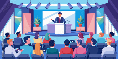 Conference or forum. Panelists on stage discuss the topic of the meeting in a large conference room. An event with speakers experts.
