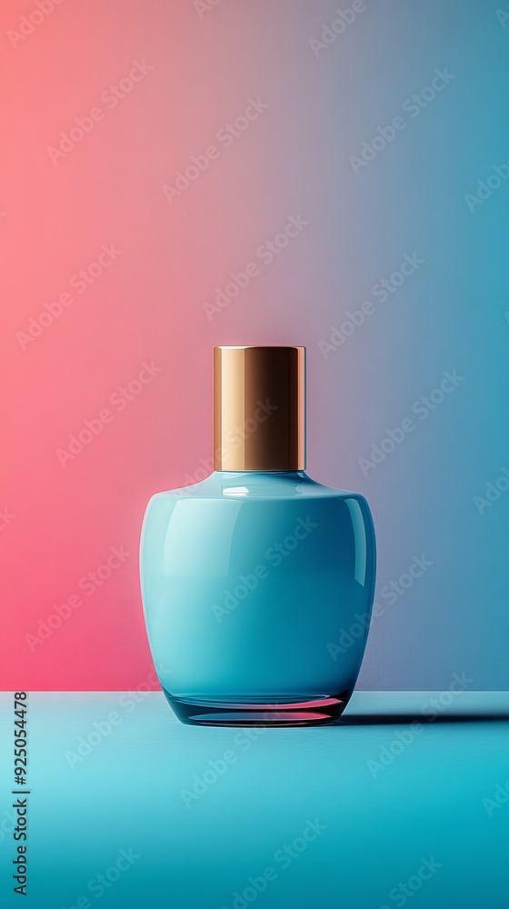 A bottle of nail polish sits on a table with a pink and blue background A bottle of nail polish sits on a table with a pink and blue background