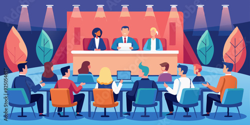 Conference or forum. Panelists on stage discuss the topic of the meeting in a large conference room. An event with speakers experts.
