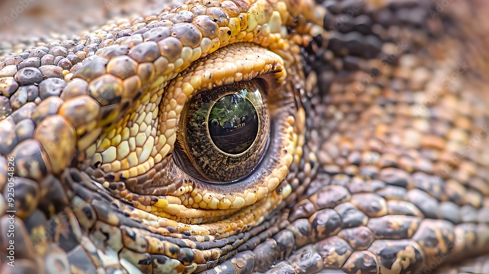 Fototapeta premium Captivating Macro Shot of a Komodo Dragon s Intricate Eye with Striking Textured Scales and Slit Pupil