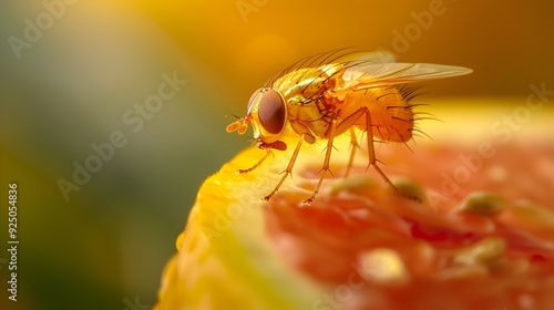 Captivating Macro Shot of Fruit Fly Perched on Fruit Slice with Blurred Background