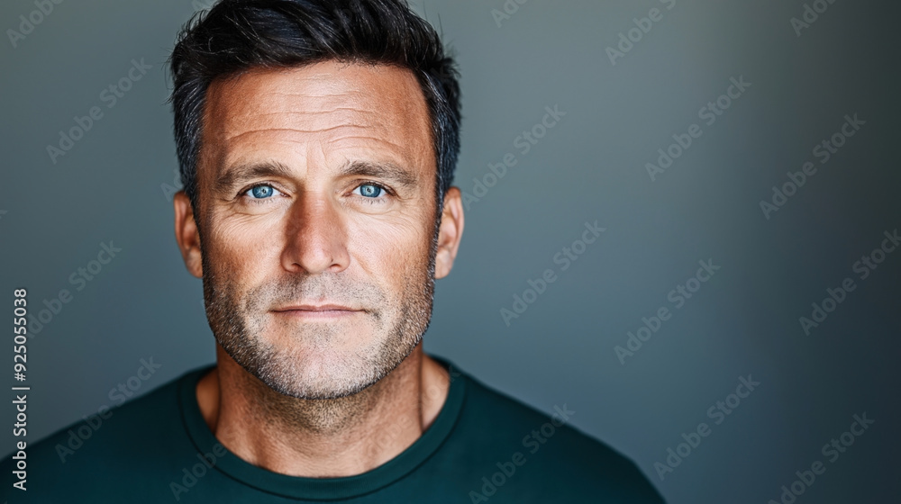 Portrait of a man with blue eyes and short dark hair, wearing a dark green shirt, looking at the camera with a neutral expression and a gray background. Portrait of a man with blue eyes and short dark hair, wearing a dark green shirt, looking at the camera with a neutral expression and a gray background.