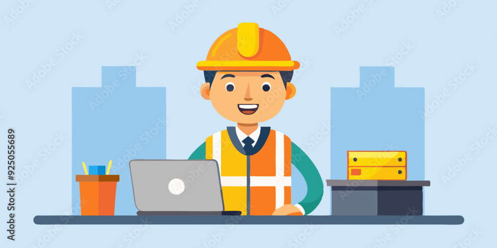Set of character construction engineer in helmet and signal vest. Builder or foreman with a laptop, at desktop
