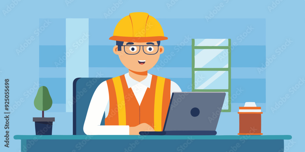 Set of character construction engineer in helmet and signal vest. Builder or foreman with a laptop, at desktop
Set of character construction engineer in helmet and signal vest. Builder or foreman with a laptop, at desktop