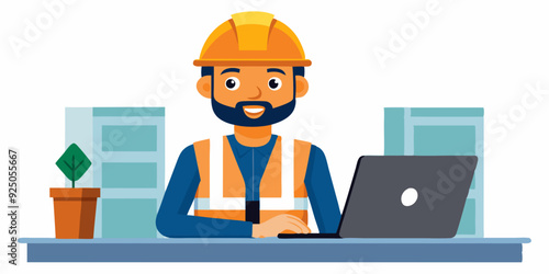 Set of character construction engineer in helmet and signal vest. Builder or foreman with a laptop, at desktop
