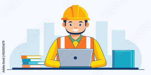 Set of character construction engineer in helmet and signal vest. Builder or foreman with a laptop, at desktop
