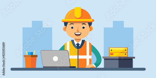 Set of character construction engineer in helmet and signal vest. Builder or foreman with a laptop, at desktop
