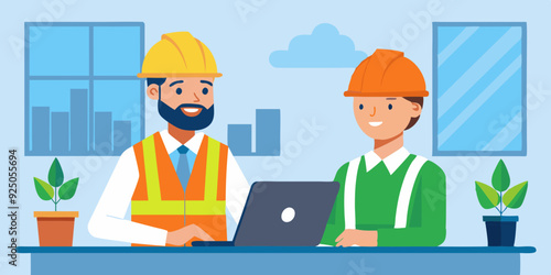 Set of character construction engineer in helmet and signal vest. Builder or foreman with a laptop, at desktop
