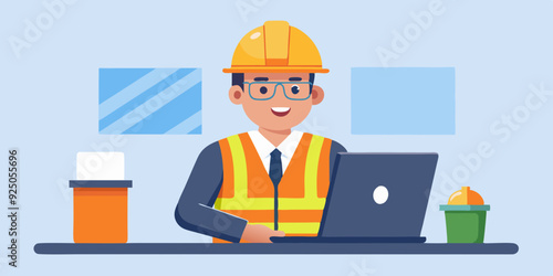 Set of character construction engineer in helmet and signal vest. Builder or foreman with a laptop, at desktop
