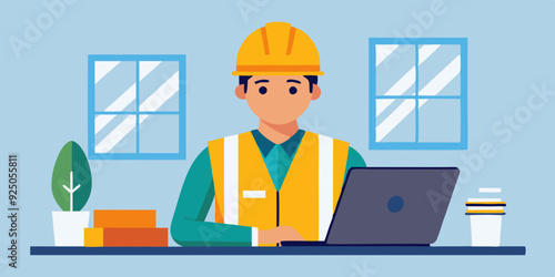 Set of character construction engineer in helmet and signal vest. Builder or foreman with a laptop, at desktop
