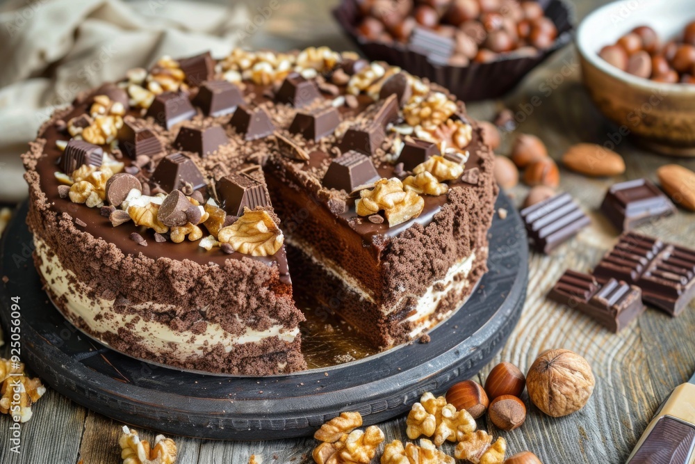 Chocolate cake with walnuts and chocolate topping sitting on a wooden table with ingredients surrounding it Chocolate cake with walnuts and chocolate topping sitting on a wooden table with ingredients surrounding it
