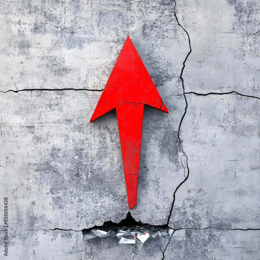 Red arrow pointing upward, breaking through concrete and splattered ...