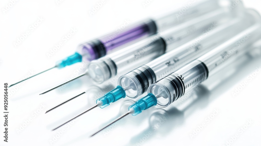 Neatly Aligned Medical Syringes with Protective Caps Ready for Use Neatly Aligned Medical Syringes with Protective Caps Ready for Use