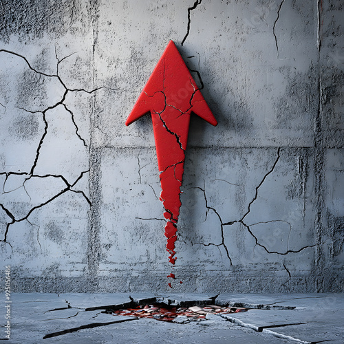 Red arrow pointing upward, breaking through concrete and splattered textures, symbolizing growth, progress, and determination against challenges in a bold and dynamic representation photo