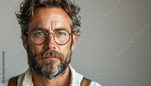 A man with a beard and glasses gazes thoughtfully with a calm demeanor, set against a simple light background