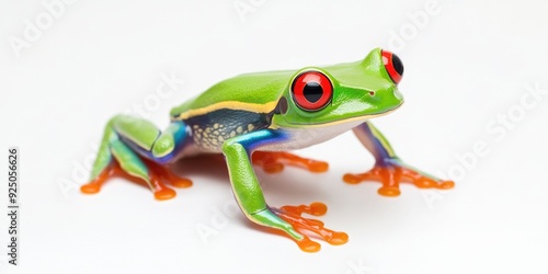 A colorful poison dart frog sitting upright with red eyes.