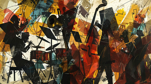 Dynamic abstract illustration of a jazz ensemble performing with vibrant, energetic strokes and colorful textures, capturing the rhythm and motion of live music.