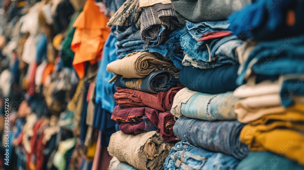 A stack of old clothes and fabrics in a recycling facility, emphasizing the importance of reusing and recycling in the fast fashion industry. A stack of old clothes and fabrics in a recycling facility, emphasizing the importance of reusing and recycling in the fast fashion industry.