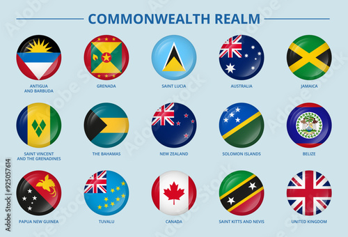 Round glossy buttons with flags of Commonwealth Realm member countries.