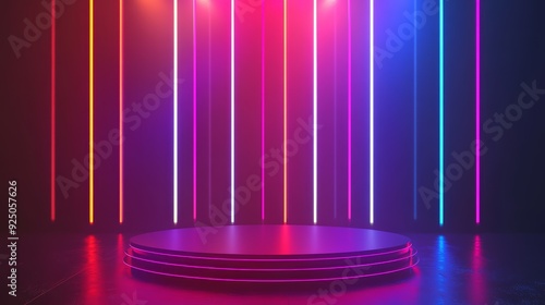 Empty podium stage in a dark black room with neon lights. Round dais or platform with modern pink and blue light. Perfect for product presentation. 