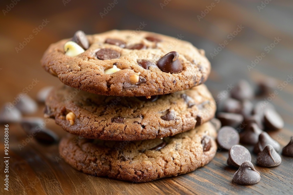 Three chocolate chip cookies are stacked on top of each other on a wooden surface, with chocolate chips scattered around them Three chocolate chip cookies are stacked on top of each other on a wooden surface, with chocolate chips scattered around them