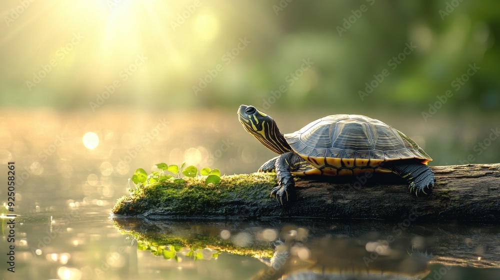Fototapeta premium A turtle resting on a log in a serene pond, with its legs stretched out and shell catching the sunlight.