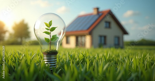 Ampoule sur fond de nature, énergie verte et économie d'énergie dans la maison, maison équipée de panneaux solaire