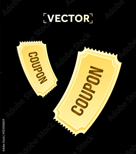 3d simple flying or falling yellow coupon template, isolated on black background. Gift voucher with coupon code icon. 3d vector illustration. Vector illustration