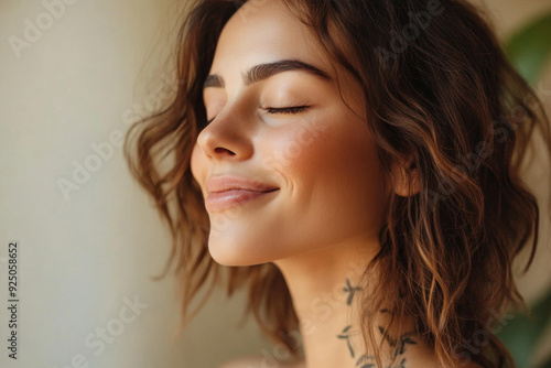 A close up of a woman's face with tattoos and her eyes closed