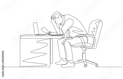 Continuous one line drawing of stressed businessman with rising company expenses, entrepreneur facing financial difficulty concept, single line art.