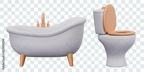 Realistic bathtub and toilet. Set of isolated plumbing images. White ceramic models