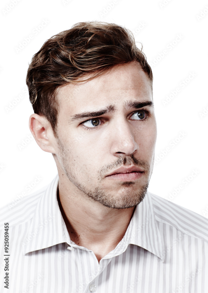 Fototapeta premium Man, pain and thinking in studio, depression and contemplating grief or loss on white background. Male person, mental health fail and heartbreak anxiety or mourning, nostalgia trauma and psychology
