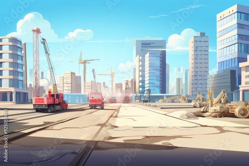 Bustling construction site in urban setting with cranes machinery, vibrant captures, scale activity modern construction, showcasing buildings in various stages completion under clear blue sky.