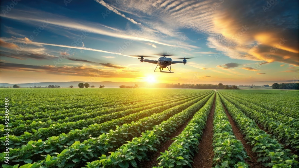 Agricultural drone flying over a lush green soybean crop , technology, agriculture Agricultural drone flying over a lush green soybean crop , technology, agriculture