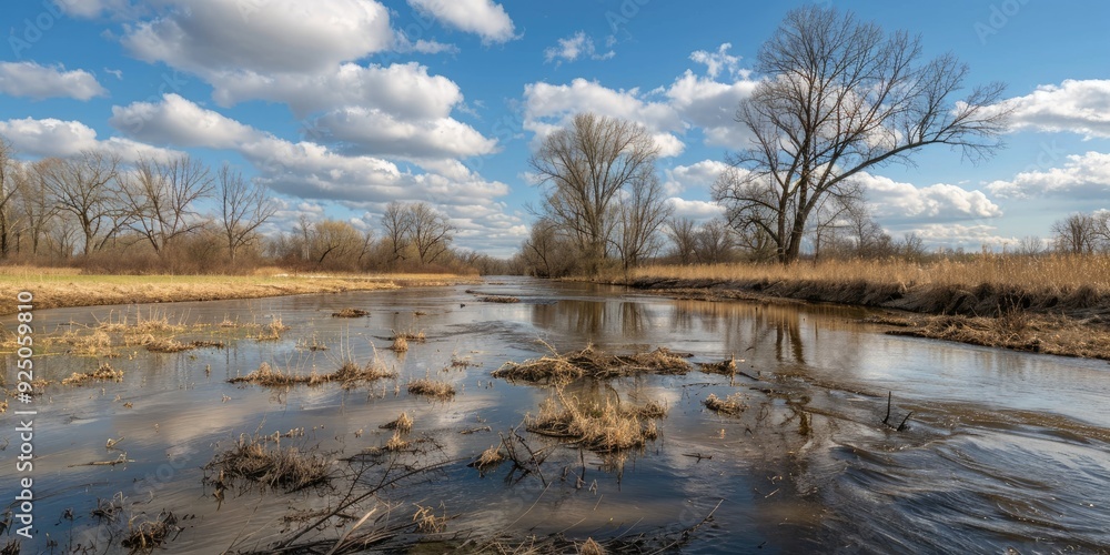 Fast current flooding trees and dry grass on the river banks in early spring with the high and muddy water reflecting the sky clouds and young foliage on the trees Fast current flooding trees and dry grass on the river banks in early spring with the high and muddy water reflecting the sky clouds and young foliage on the trees