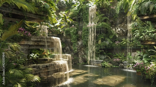 Tranquil Waterfall Oasis in a Lush Tropical Garden