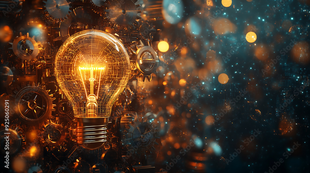 Glowing light bulb with gears and bokeh effect Glowing light bulb with gears and bokeh effect