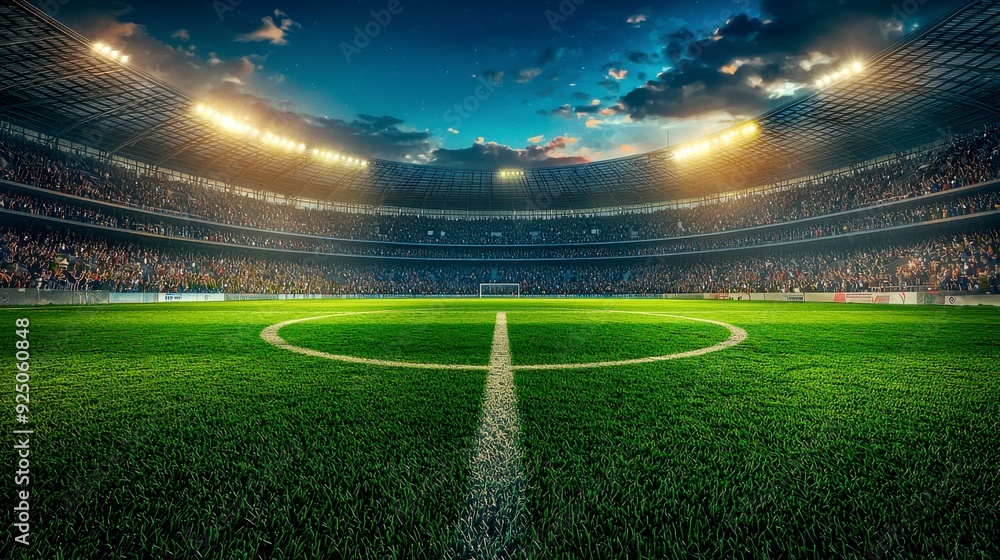 A large empty stadium with fans shouting enthusiastically before the match. Brightly lit lawn ready for the game. A large empty stadium with fans shouting enthusiastically before the match. Brightly lit lawn ready for the game.